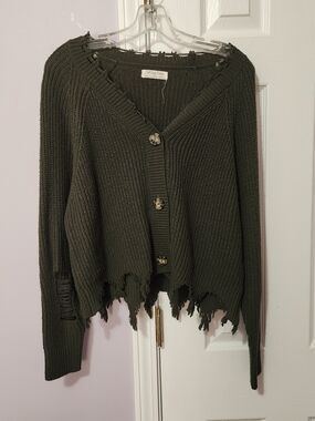 Distressed Olive V-Neck Button Sweater Cardigan
